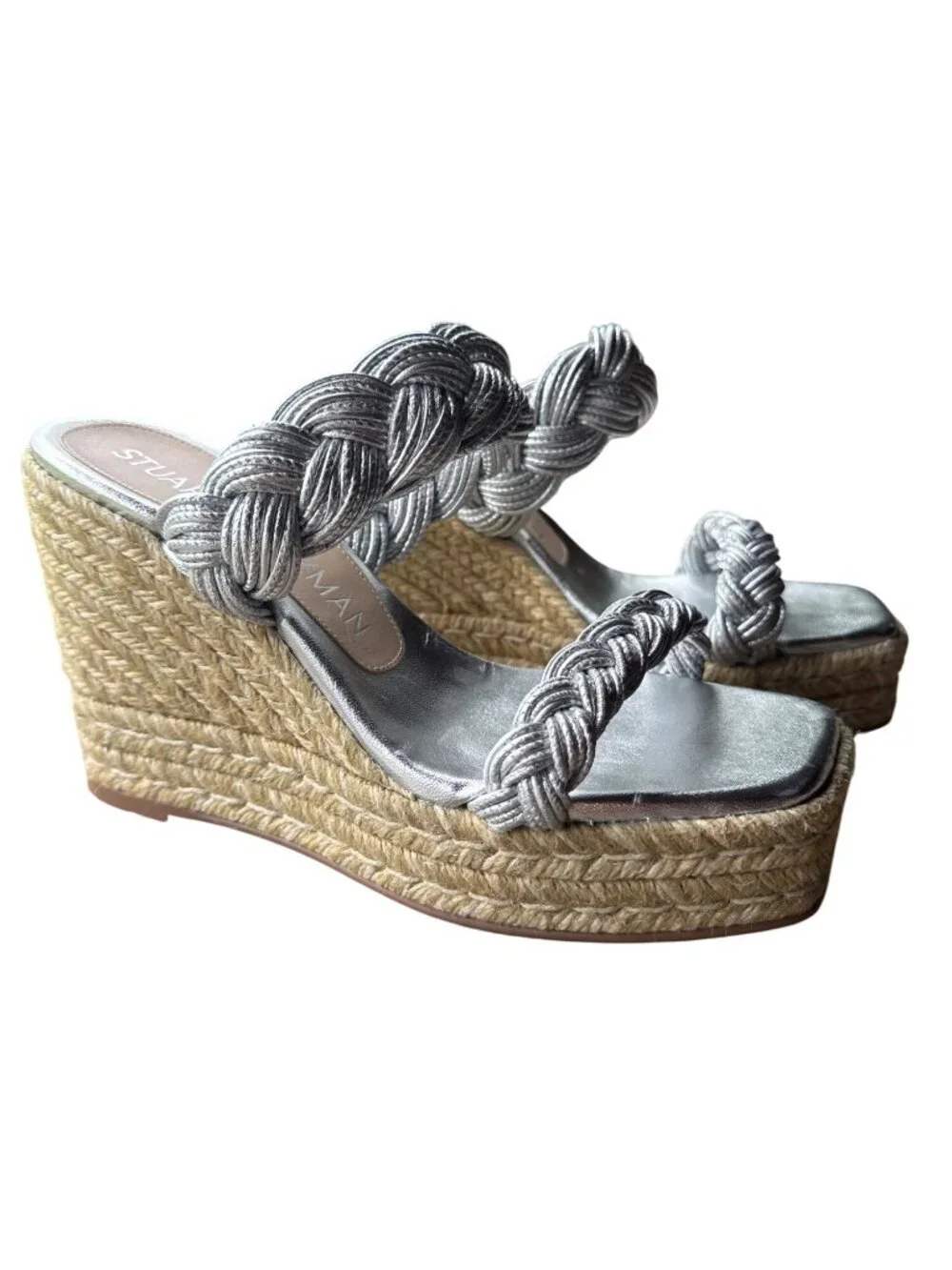 Stuart Weitzman Silver Braided Rope Strap Espadrille Wedge Sandals Sz 8 Spain